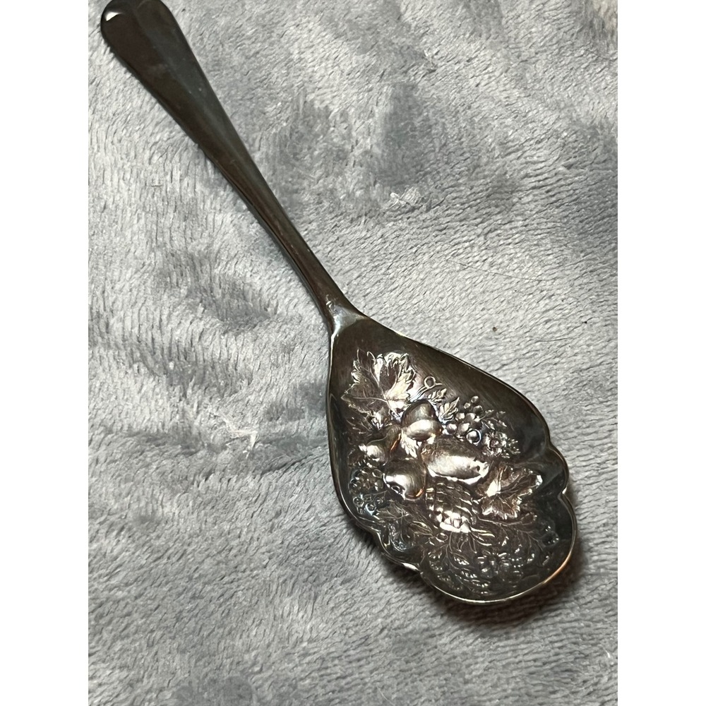 1847 Rogers Bros Silverplate Berry Spoon Fruit Design Repousse Serving Spoon